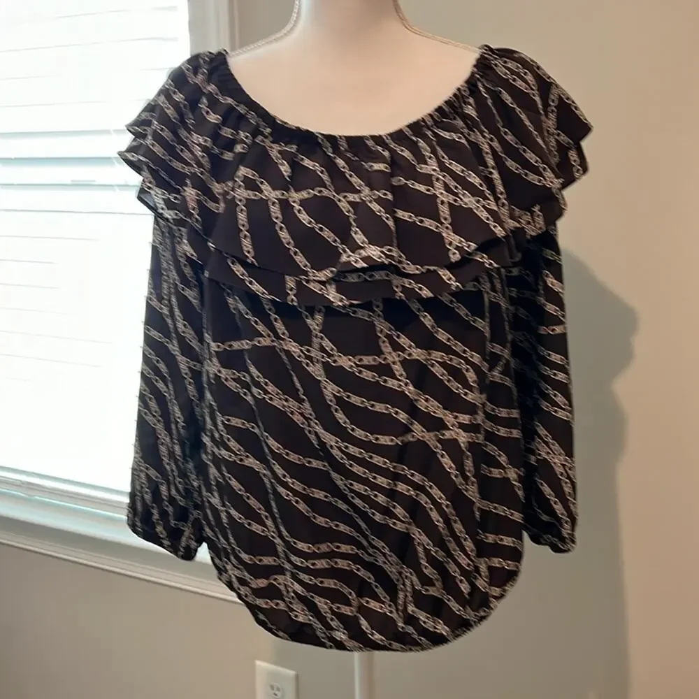 MICHAEL‎ Michael Kors Printed Pebble Crepe Off-the-Shoulder L/S Bias Cut Top M